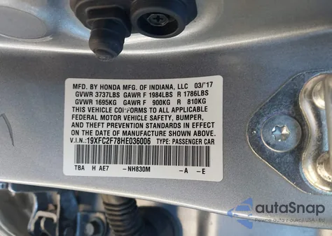 2017 Honda Civic Ex z USA, uszkodzony, nr VIN 19XFC2F78HE036006